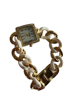 Embassy by Gruen Women's Watch Gold White Chain Link Cuff Rhinestone Square NIB